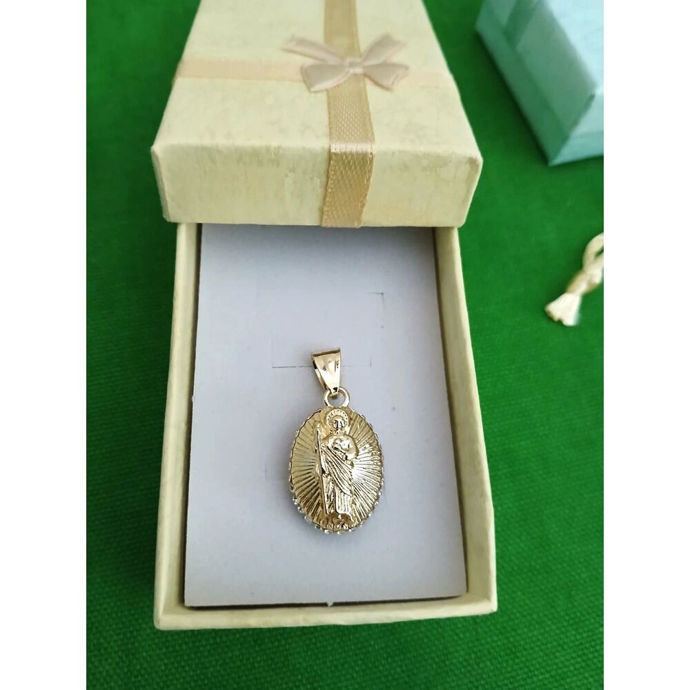 18K Gold Filled San Judas Saint Jude Oval Blue Crystal Pendant Charm
